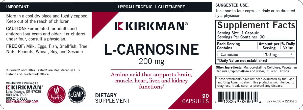 Hypoallergenic L-Carnosine 200 mg Capsules - Vegetarian Amino Acid Supplement - Gluten & Casein Free - 90 Count