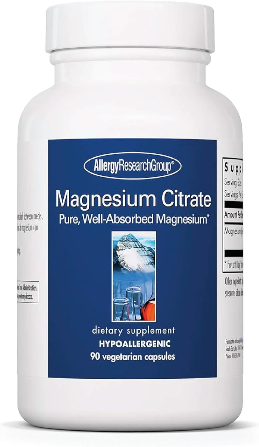 Hypoallergenic Magnesium Citrate Supplement - 90 Capsules for Bone & Stress Support - Vegetarian Formula with High Absorption