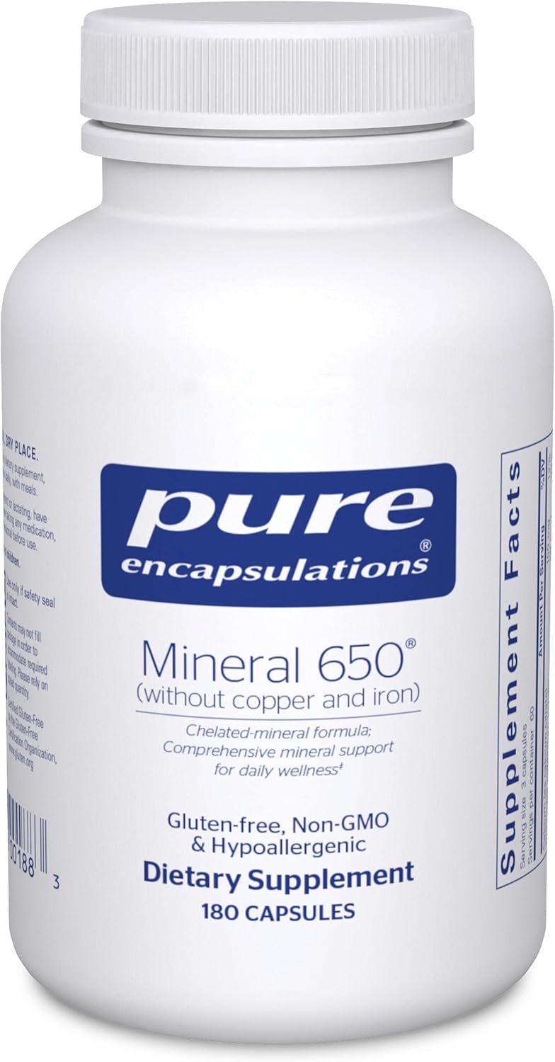 Hypoallergenic Mineral 650 Supplement - Balanced Chelated Minerals Without Copper & Iron - 180 Capsules