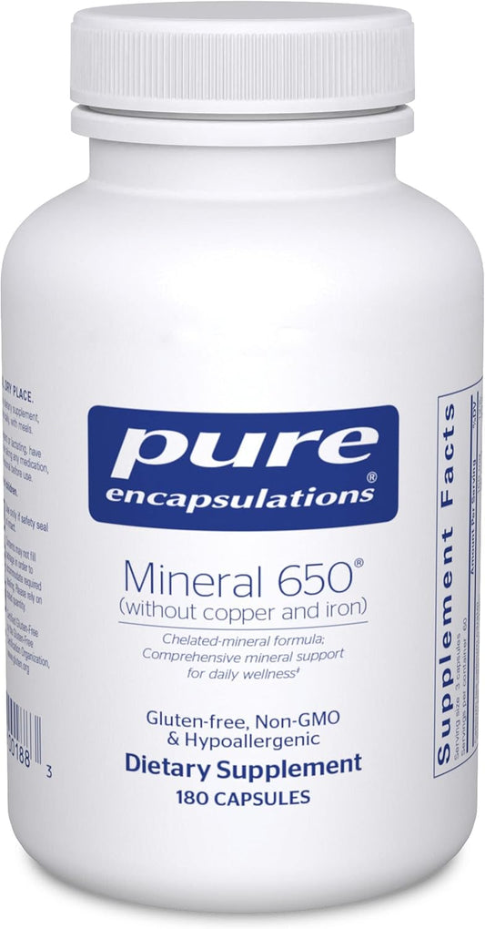 Hypoallergenic Mineral 650 Supplement - Balanced Chelated Minerals Without Copper & Iron - 180 Capsules