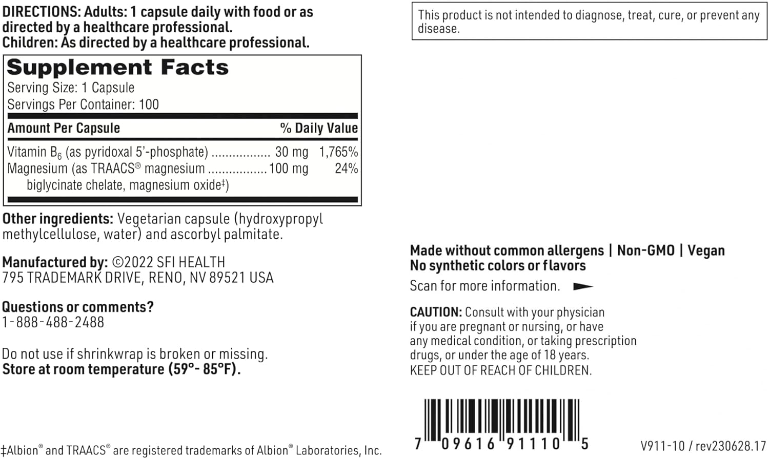 Hypoallergenic P-5-P Plus Magnesium Supplement - 30mg Vitamin B6 Pyridoxal-5-Phosphate & TRAACS Magnesium Capsules (100 Count)