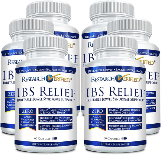 IBS Relief with Natural Digestive Enzymes and BioPerine - 360 Capsules (6 Bottles) by Research Verified