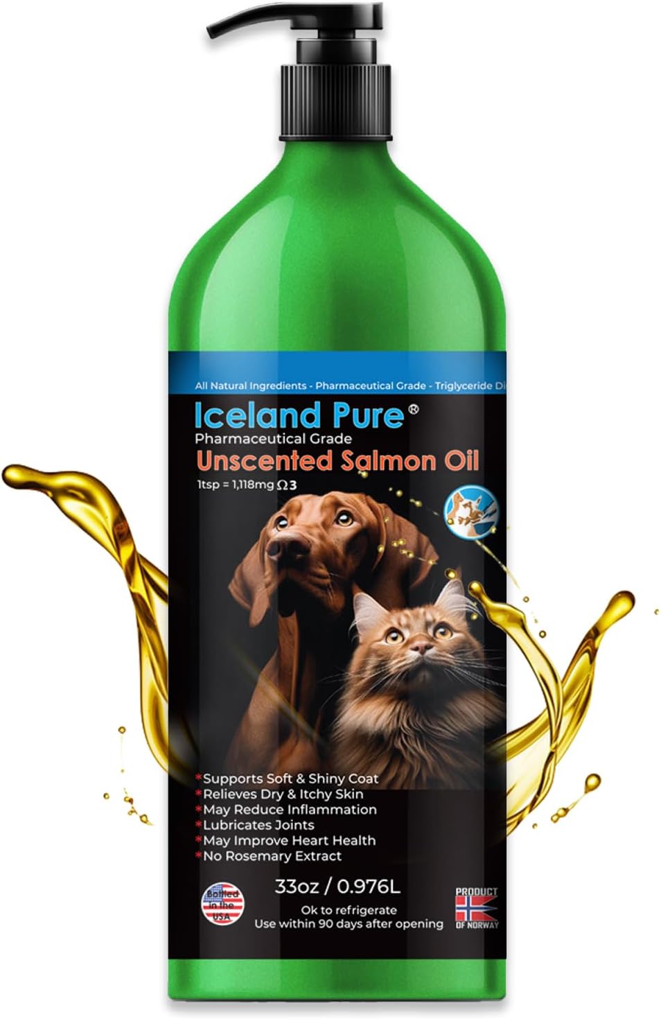 Iceland Pure Salmon Oil for Dogs & Cats | Pharmaceutical Grade | 1118mg Omega-3 per Teaspoon | Liquid Food Supplement | BPA-Free 33oz Pump Bottle
