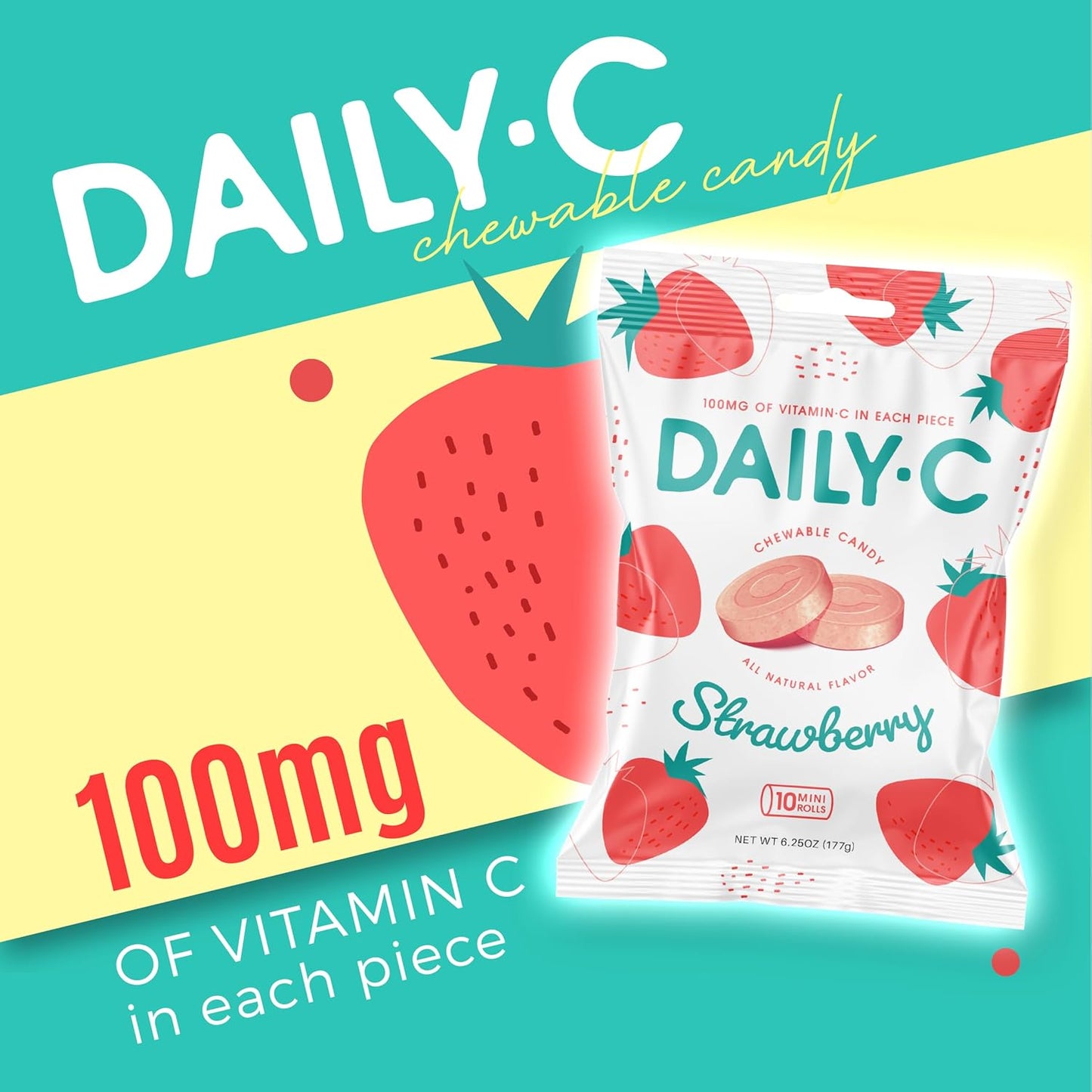 Iconic Candy Strawberry Chewable Vitamin C Candy - 100MG per Piece - 5.3oz Peg Bag