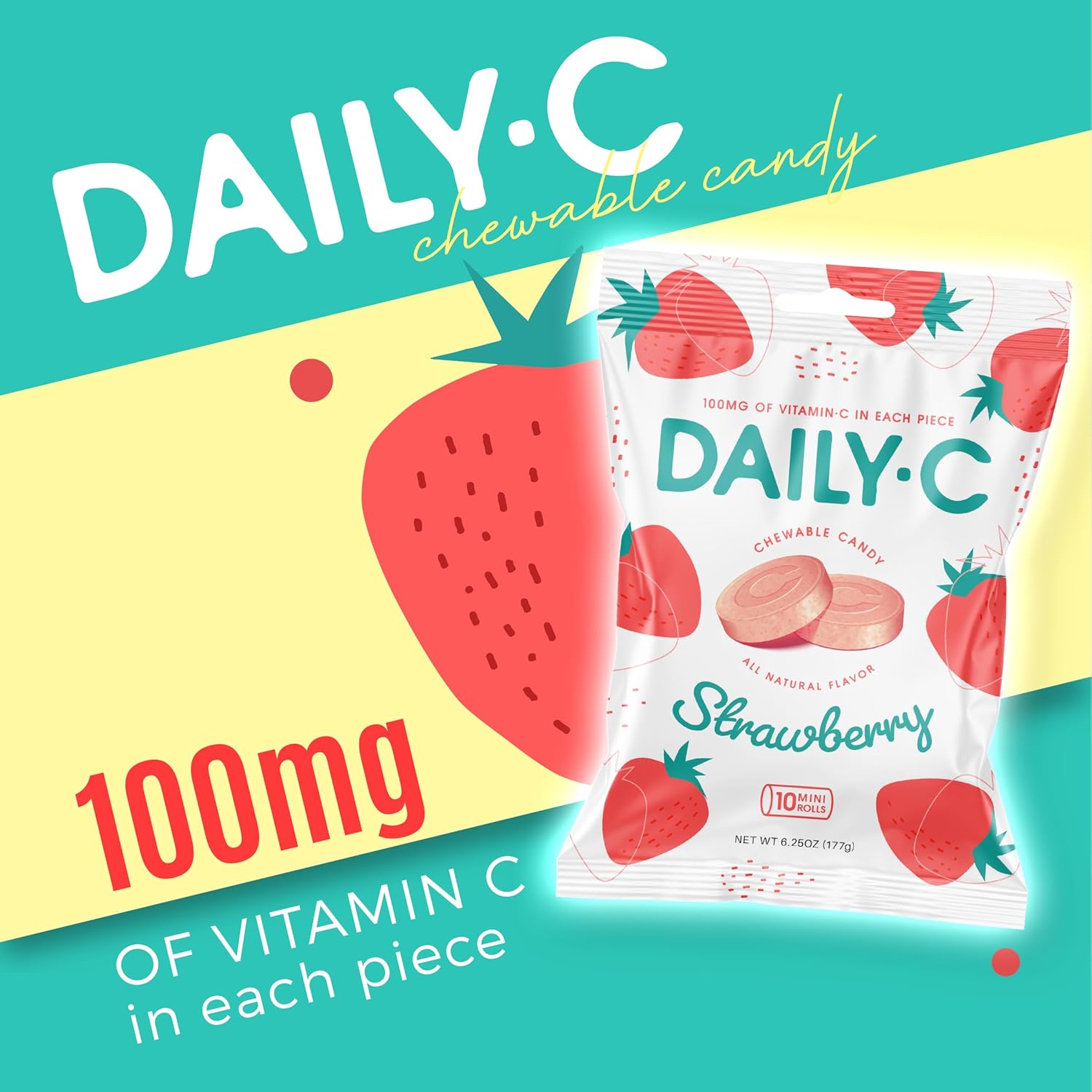 Iconic Candy Strawberry Chewable Vitamin C Candy - 100MG per Piece - 5.3oz Peg Bag