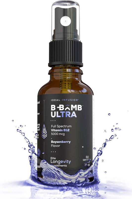 Ideal Infusion B-Bomb Triple Vitamin B12 Liquid Spray: Methylcobalamin, Adenosylcobalamin, Hydroxocobalamin - Nerve Health and Energy Booster- 5000 mcg, Keto, Sugar Free (Organic Boysenberry)