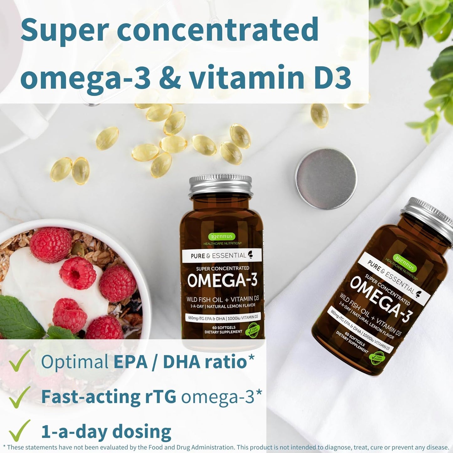 Igennus Advanced Omega-3 Wild Fish Oil & Vitamin D3 Softgels - High EPA & DHA, Non-GMO, 1-a-Day, 360 Count