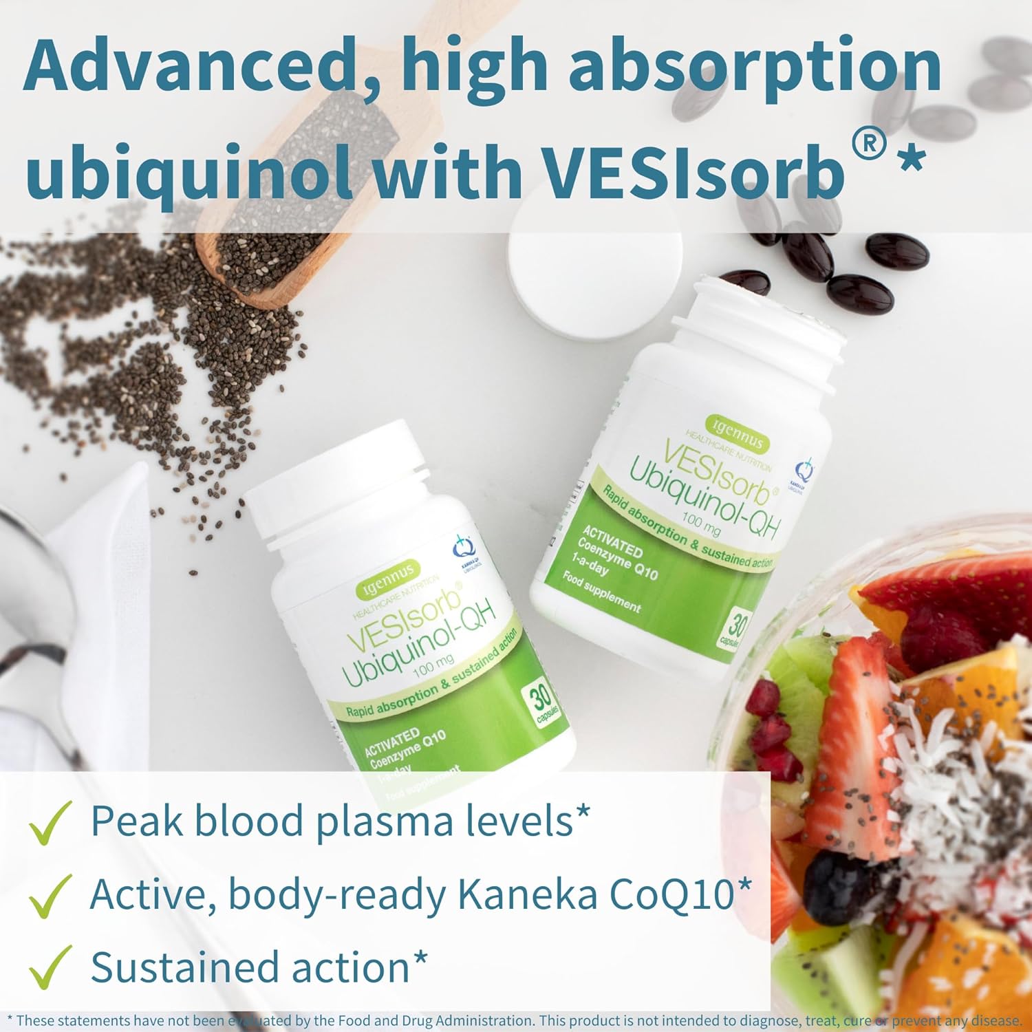Igennus Advanced VESIsorb Ubiquinol-QH 100mg Softgels for Heart Health & Energy, High Absorption Kaneka QH, 30-Day Supply