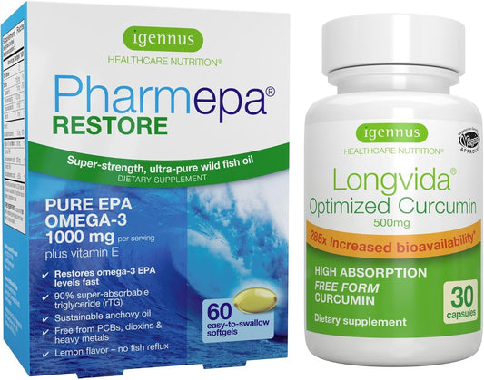 Igennus Healthcare Nutrition Bundle: Pharmepa Restore & Longvida Lipidated Curcumin - 1000mg Pure EPA Omega-3 Fish Oil & Bioavailable Curcumin