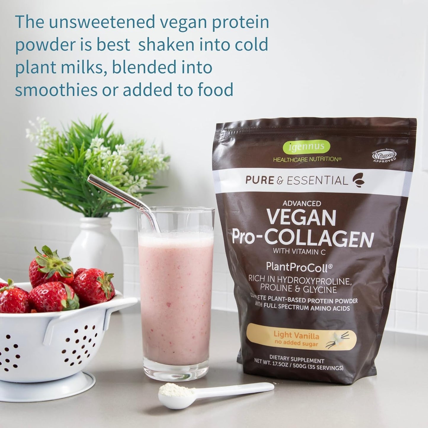 Igennus Healthcare Nutrition Vegan Vanilla Collagen Peptide Powder with Vitamin C - Non GMO Plant Based Booster (35 Servings)
