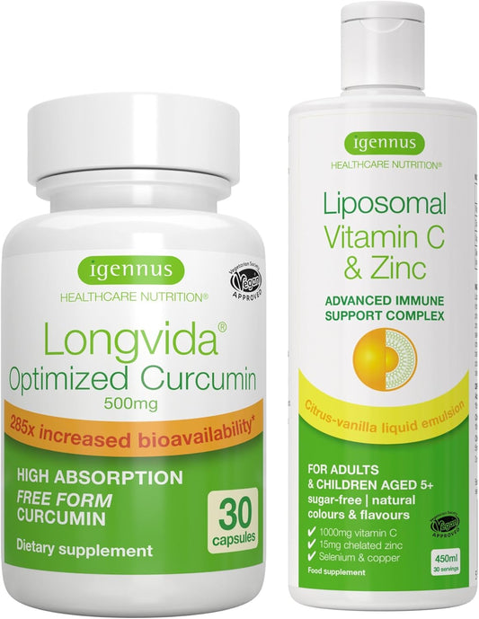 Igennus Liposomal Vitamin C 1000mg & Zinc + Longvida Curcumin 500mg Bundle - High Absorption Immune Support Complex