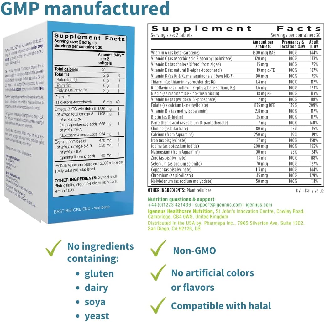 Igennus Prenatal Multivitamin & Pharmepa EPA DHA Omega 3 Bundle for Pregnancy Support