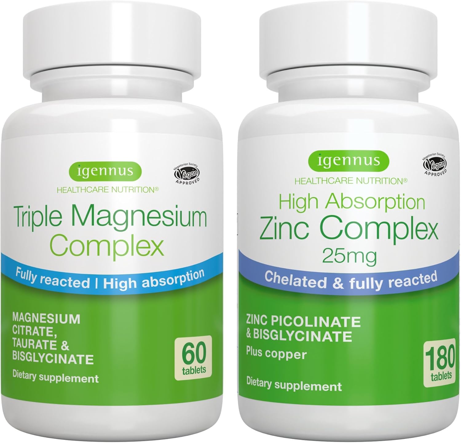 Igennus Triple Magnesium & Zinc Complex Bundle for High Absorption - Vegan Friendly with Copper - by Igennus