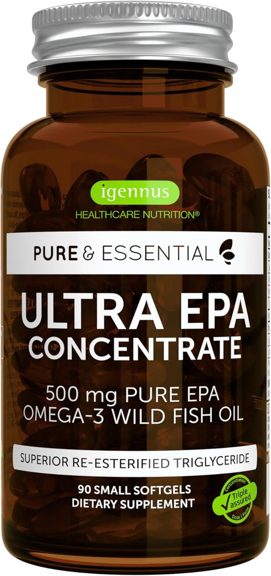 Igennus Ultra Pure Omega-3 EPA Fish Oil Softgels, 500mg, Non-GMO, 90ct, High Concentration Wild Caught Fish Oil