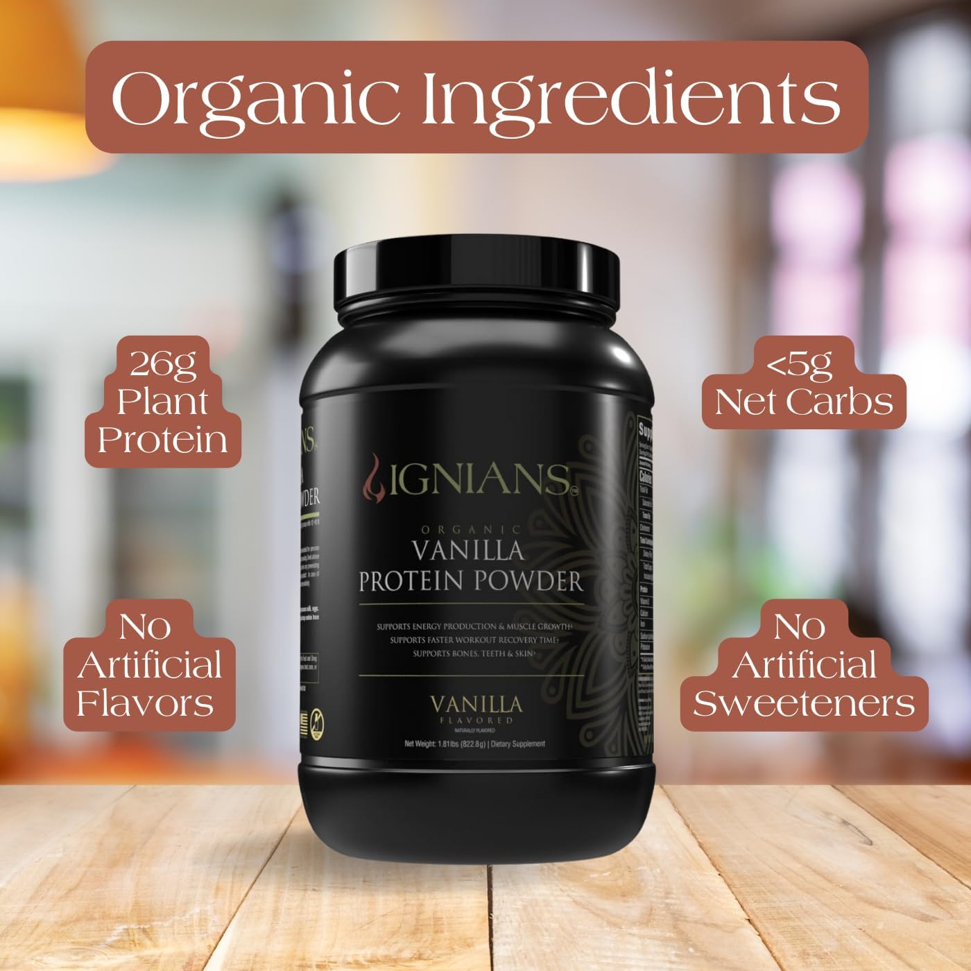 Ignians Organic Plant-Based Protein Powder - Pea Blend | 26.5g Protein | Less than 5g Carbs | Vegan Friendly | Lactose Free | Vanilla Flavor | Ideal for Shakes, Smoothies, and Baking