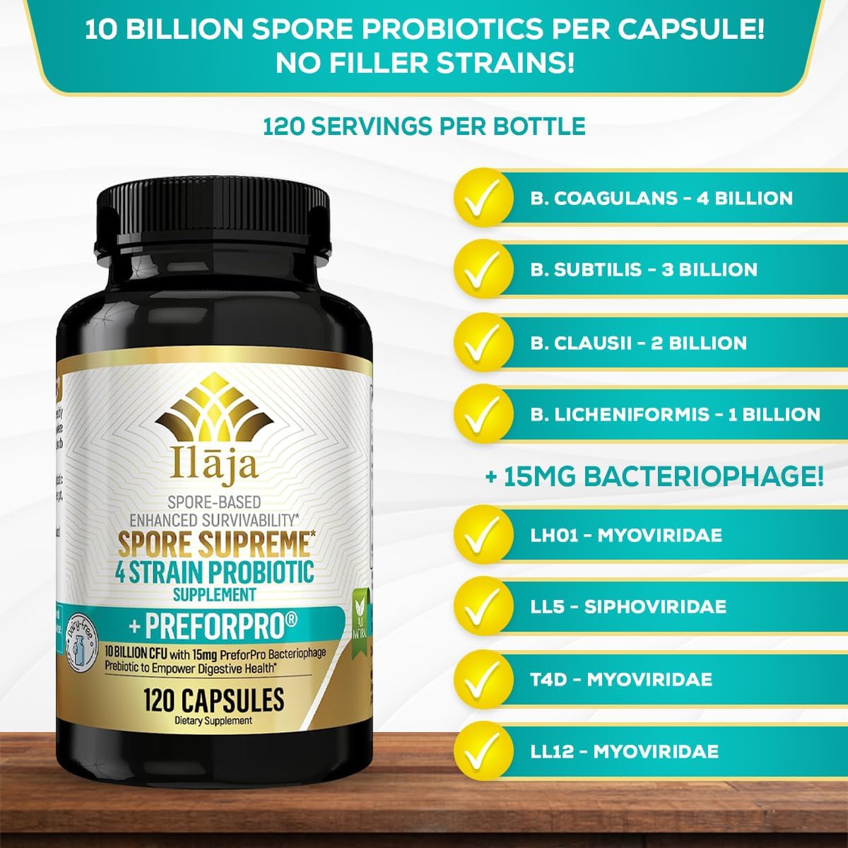 ILAJA Spore Supreme Probiotic Capsules - 4 Strain Formula with Prebiotic - 4 Month Supply - No Refrigeration Needed