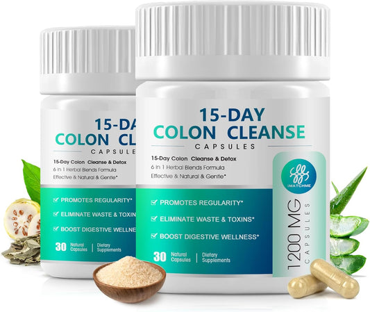 iMATCHME 15 Day Colon and Gut Detox Cleanse with Herbal Blends - Constipation Relief, Digestive Health, Bloating, Psyllium Husk, Senna Leaf - 30 Capsules x 2 Pack