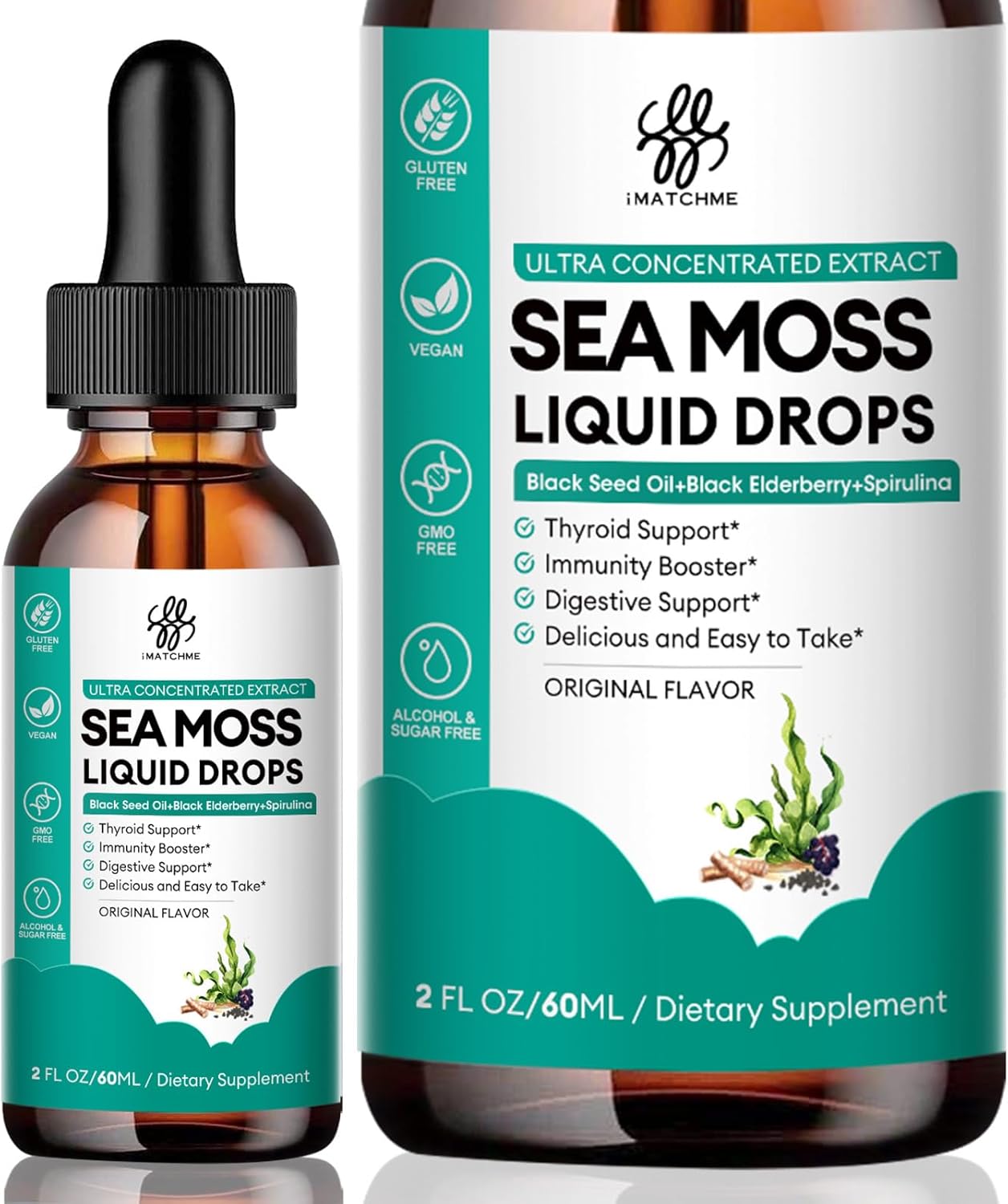 iMATCHME Sea Moss Liquid Drops with Black Seed Oil, Spirulina, Elderberry, Burdock, Bladderwrack - Immune, Gut, Skin, Energy - Original Flavor - 2 Fl Oz