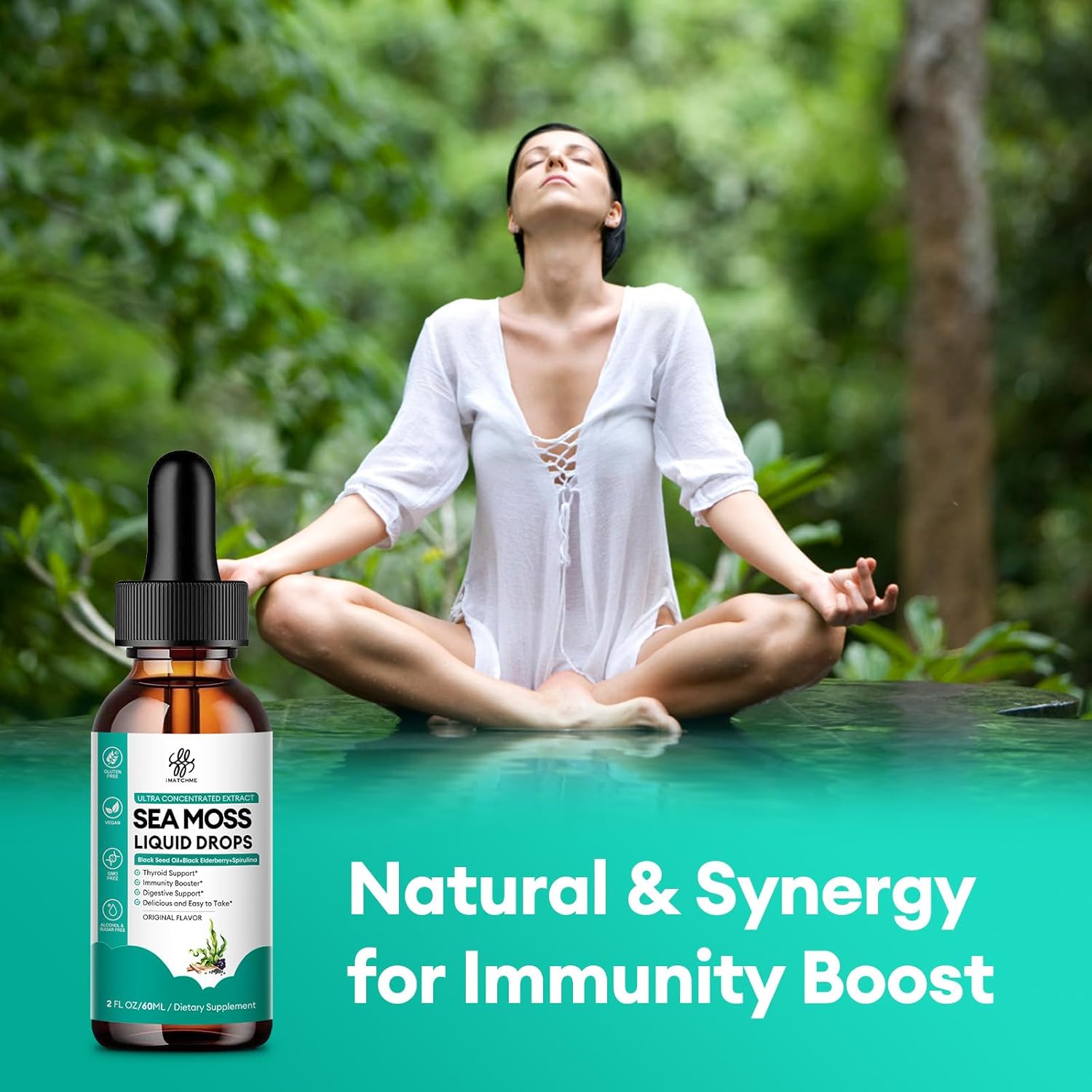 iMATCHME Sea Moss Liquid Drops with Black Seed Oil, Spirulina, Elderberry, Burdock, Bladderwrack - Immune, Gut, Skin, Energy - Original Flavor - 2 Fl Oz