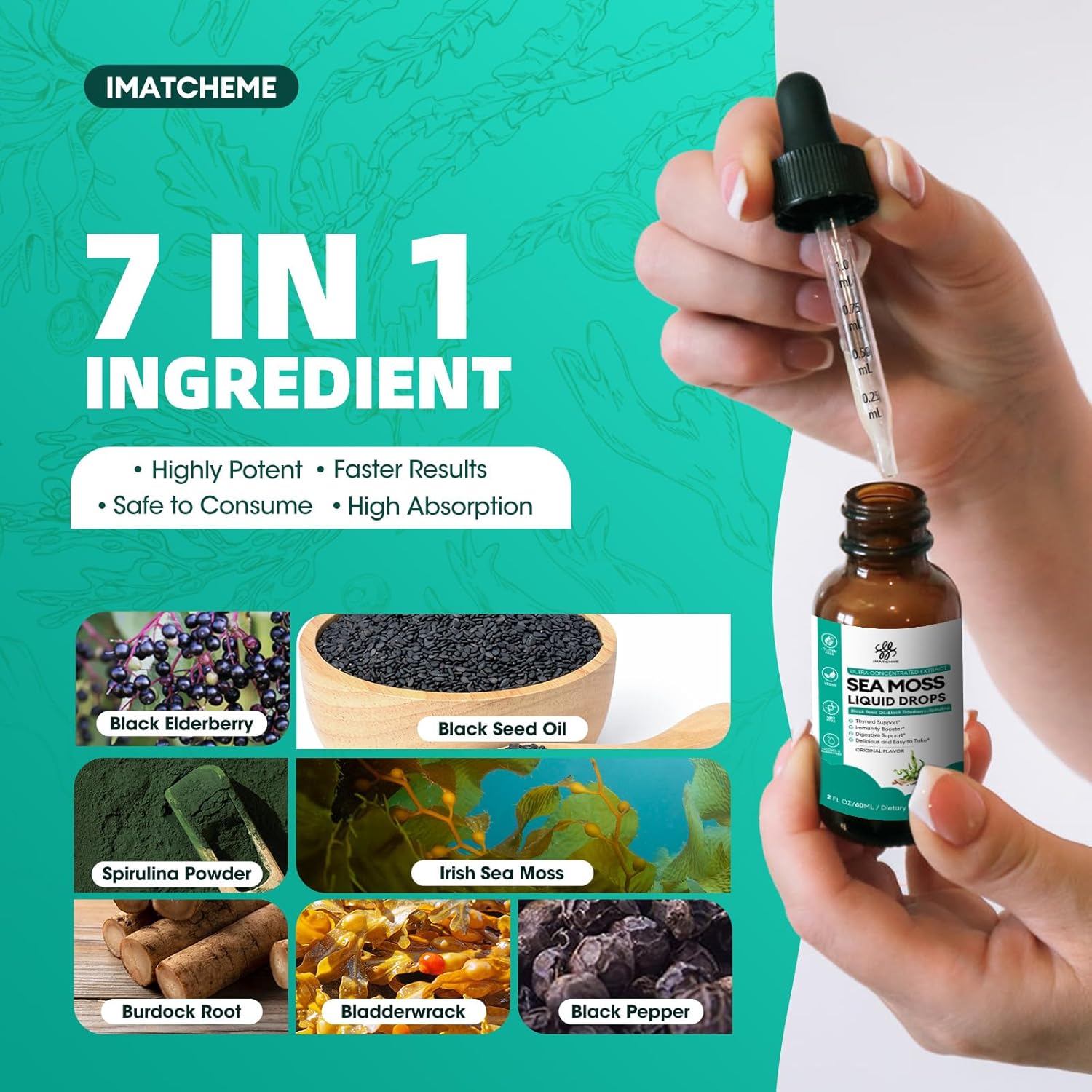 iMATCHME Sea Moss Liquid Drops with Black Seed Oil, Spirulina, Elderberry, Burdock, Bladderwrack - Immune, Gut, Skin, Energy - Original Flavor - 2 Fl Oz