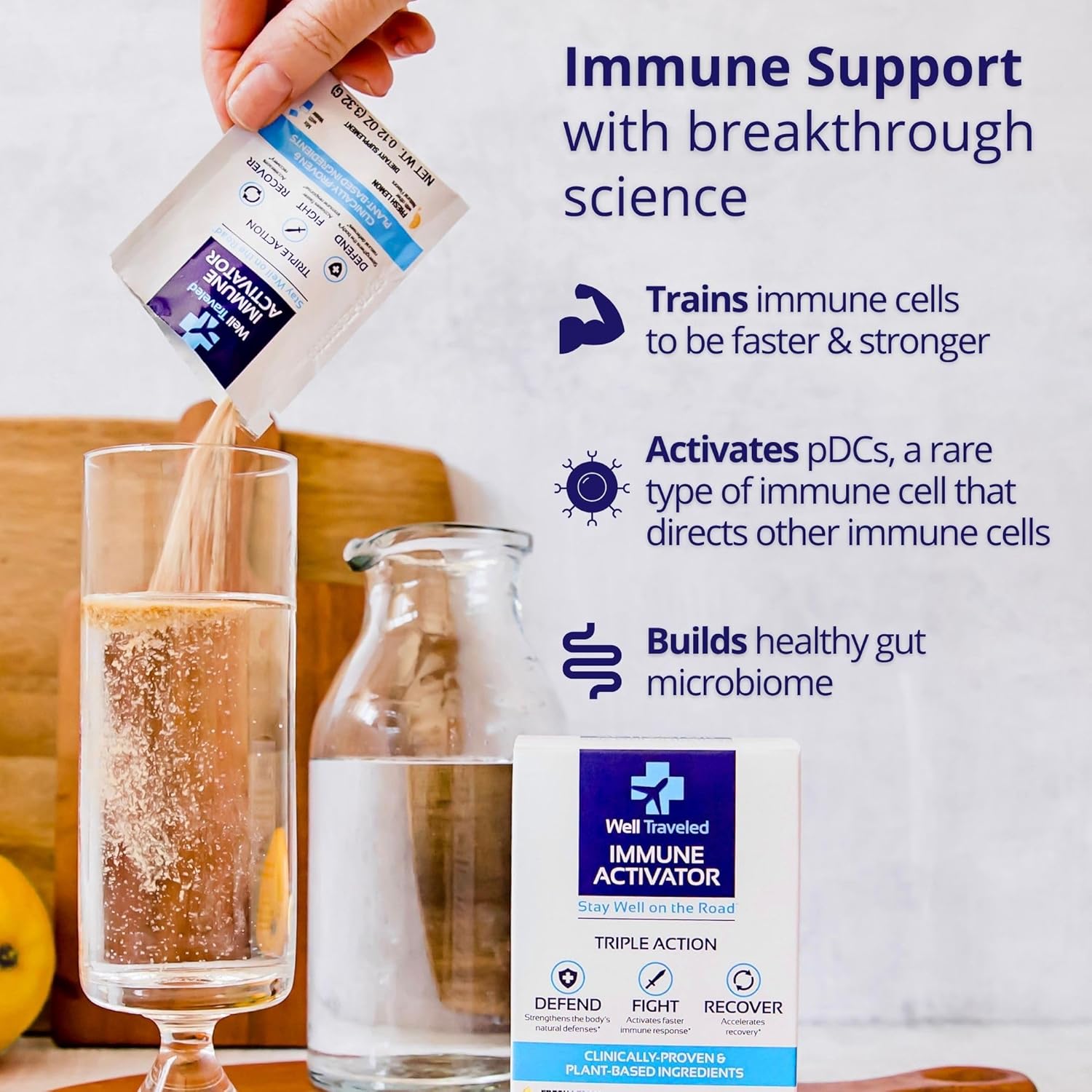 Immune Activator Drink Mix with Prebiotics, Postbiotics, Vitamin C, D, Zinc - Lemon Flavor, 30 Count