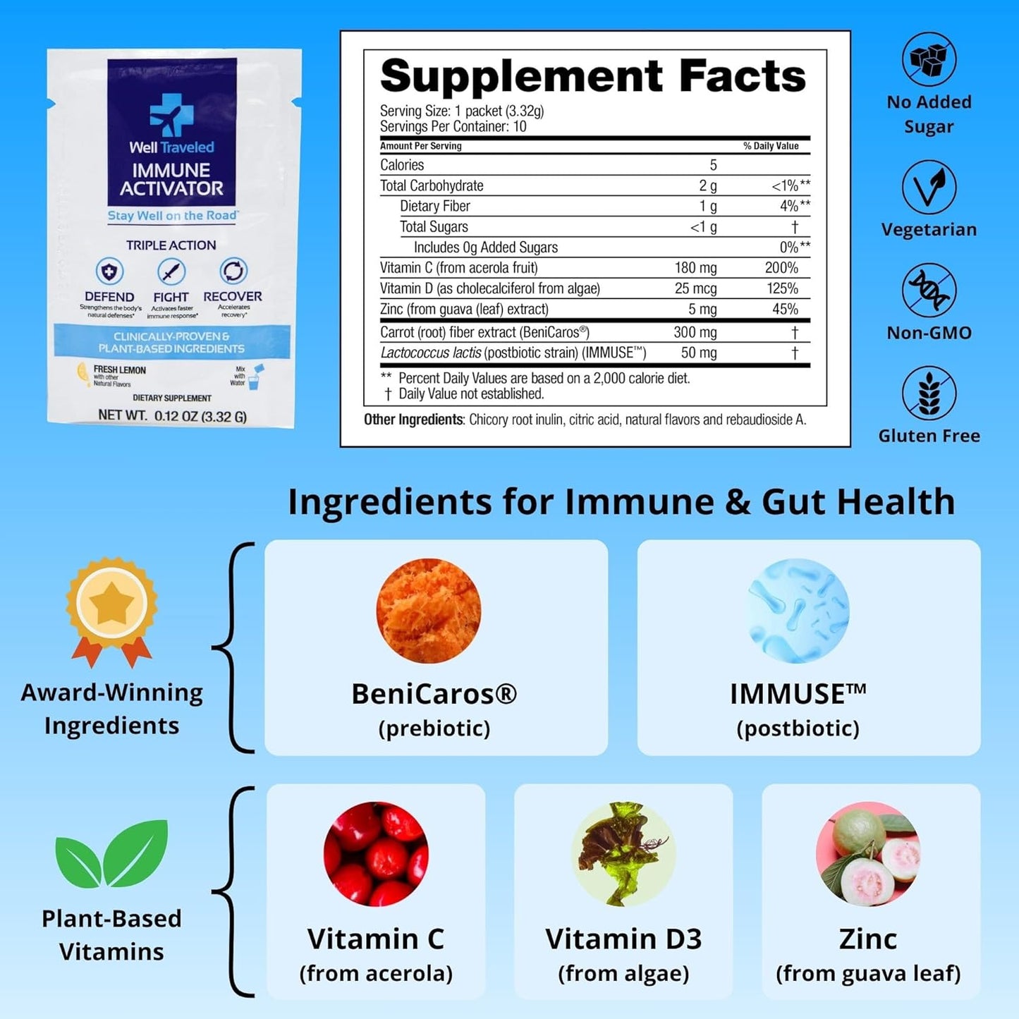 Immune Activator Drink Mix with Prebiotics, Postbiotics, Vitamin C, D, Zinc - Lemon Flavor, 30 Count