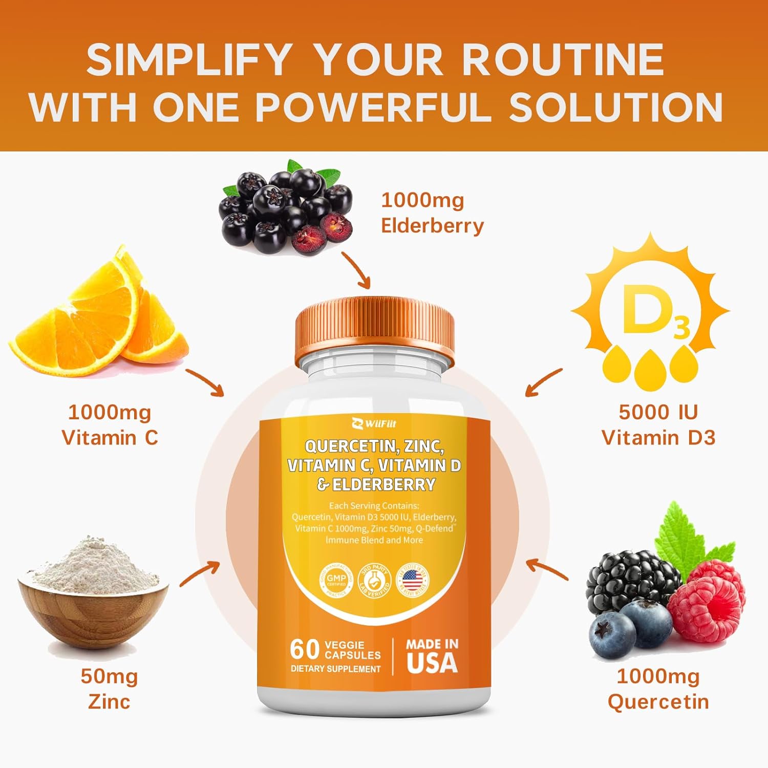 Immune Boost Supplement Capsules with Quercetin, Zinc, Vitamin C, D3, Turmeric, Elderberry, Reishi, Nettle, Artemisinin - 60 Count