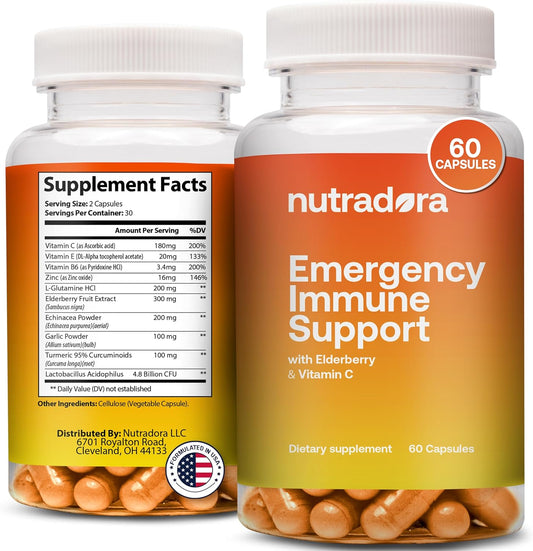 Immune-Boosting Elderberry Capsules with Zinc, Vitamin C, E, & B6 - Antioxidant Support for Adults, Non-GMO, 60 Capsules - Nutradora