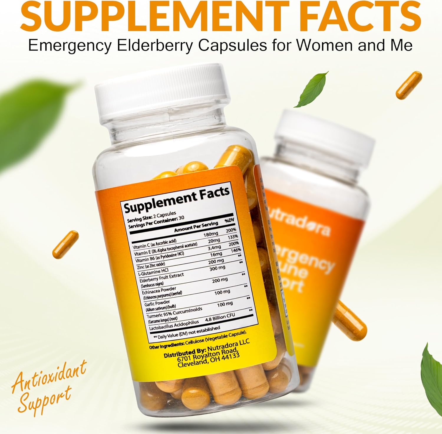 Immune-Boosting Elderberry Capsules with Zinc, Vitamin C, E, & B6 - Antioxidant Support for Adults, Non-GMO, 60 Capsules - Nutradora