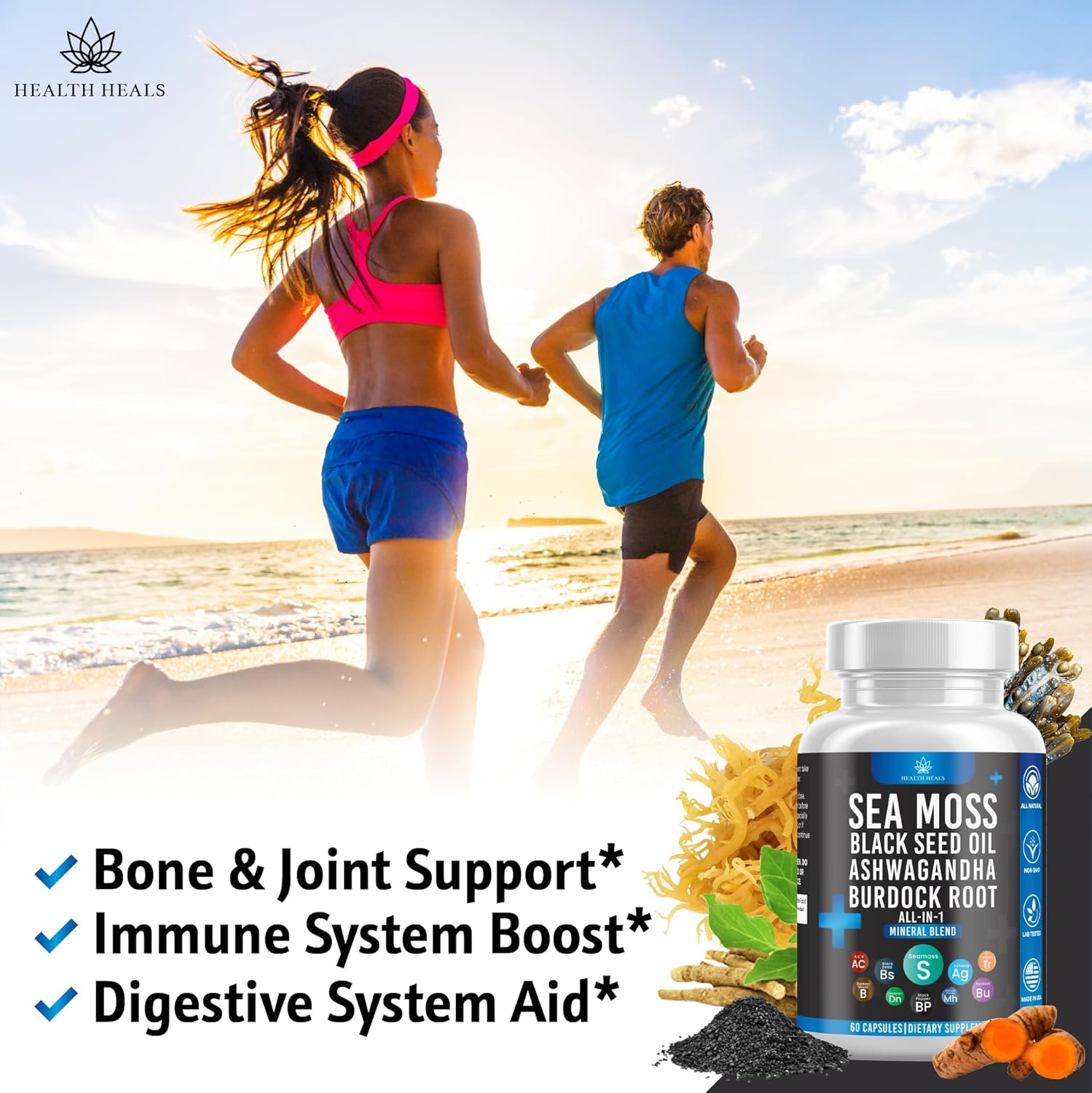 Immune Boosting Herbal Supplement Capsules - Silicon Sea Moss, Black Seed Oil, Ashwagandha, Bladderwrack, Burdock - 60 Capsules