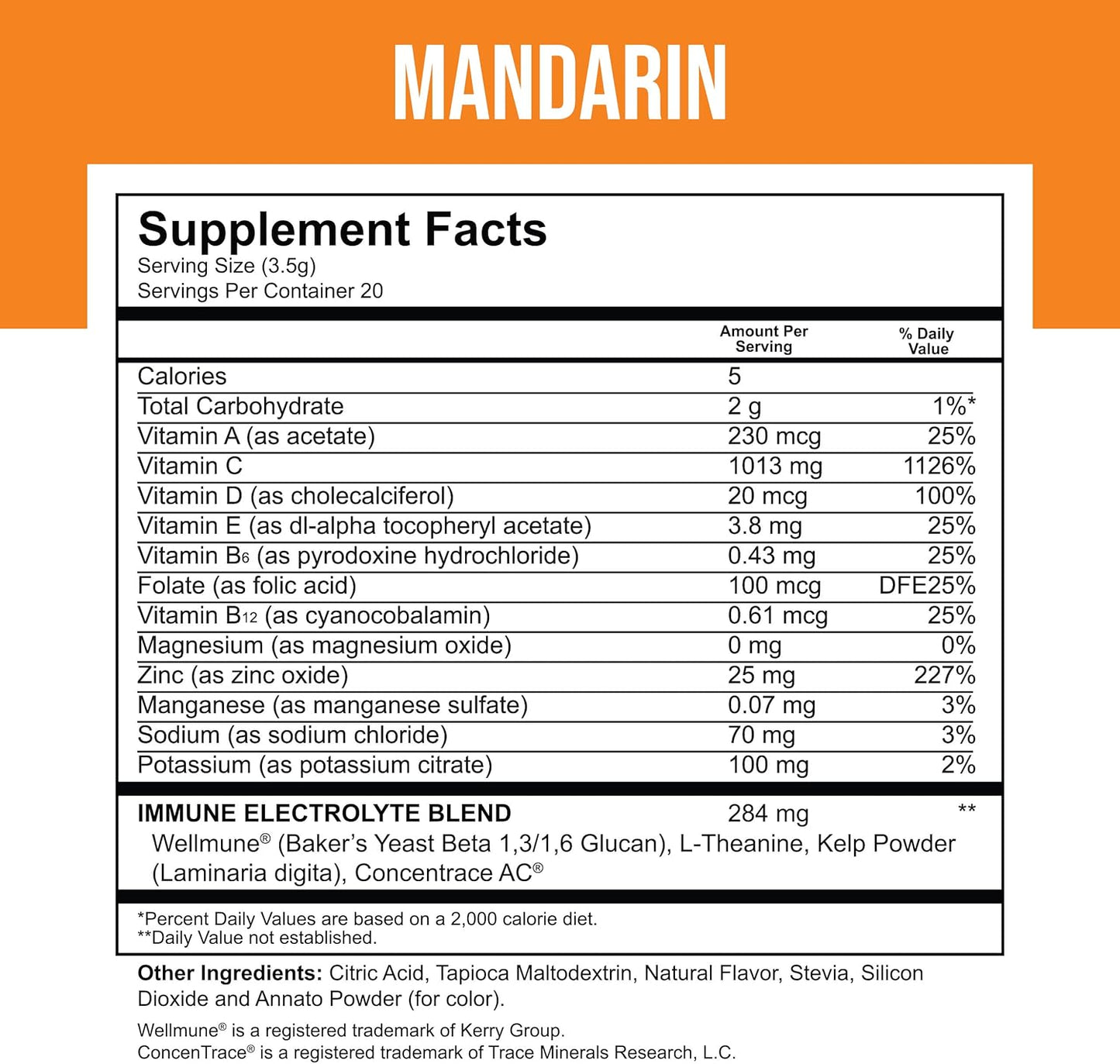 Immune Boosting Powder Supplement for Adults & Kids - Vitamin C 1000mg, Zinc, Electrolytes, Trace Minerals - Mandarin Flavor - 20 Pack