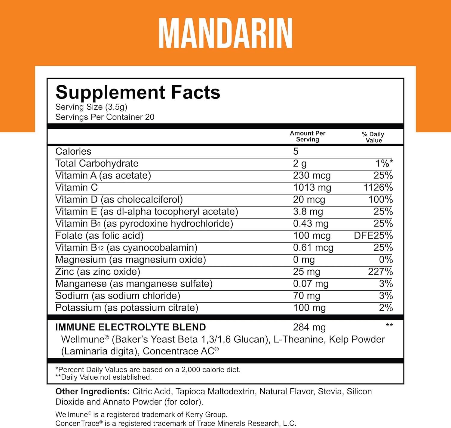 Immune Boosting Powder Supplement for Adults & Kids - Vitamin C 1000mg, Zinc, Electrolytes, Trace Minerals - Mandarin Flavor - 20 Pack