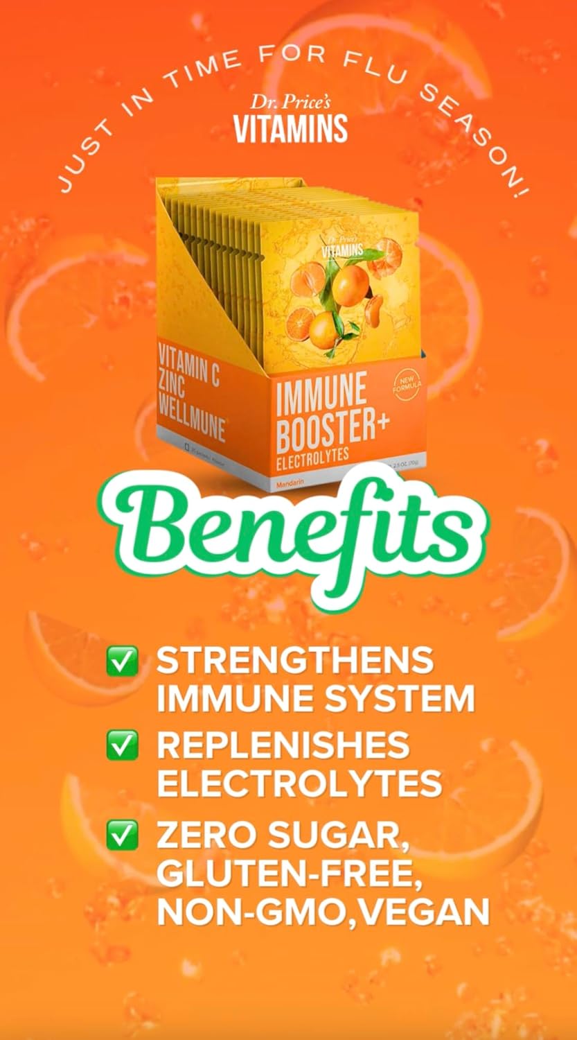 Immune Boosting Powder Supplement for Adults & Kids - Vitamin C 1000mg, Zinc, Electrolytes, Trace Minerals - Mandarin Flavor - 20 Pack