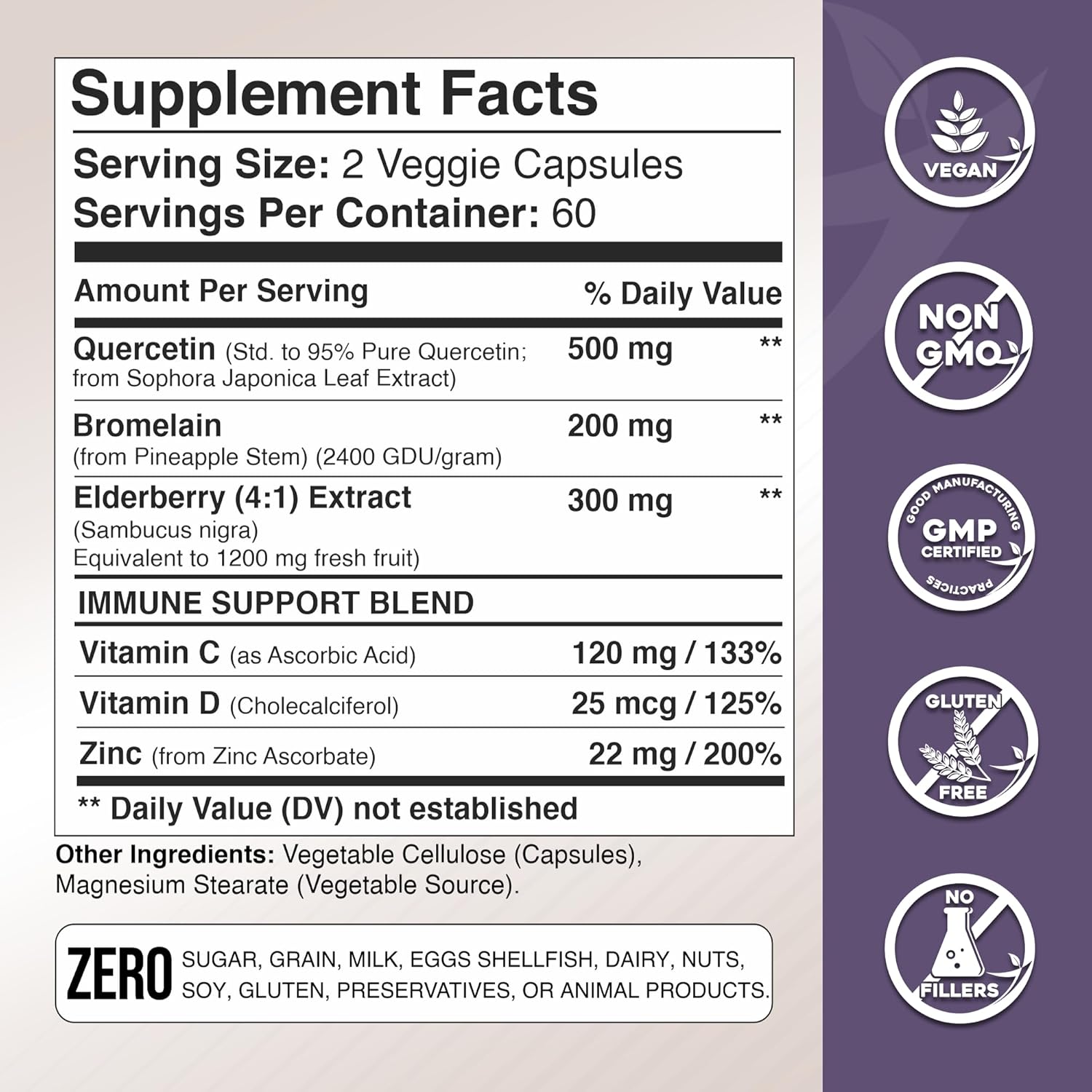 Immune Boosting Quercetin with Elderberry, Bromelain, and Zinc - 6 Month Supply