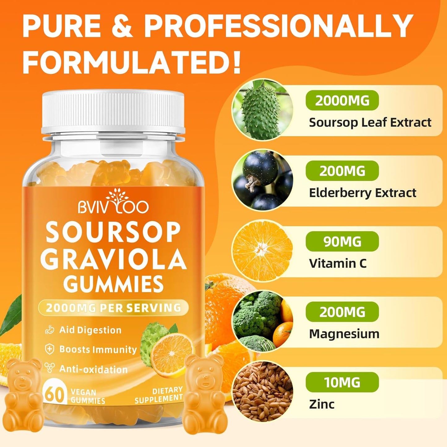 Immune-Boosting Soursop Graviola Gummies with Elderberry - 2000mg Soursop, 200mg Elderberry, Antioxidant-Rich, Enhanced Vitamin C, 120 Gummies, Gluten-Free, Vegan - BoostGo Australia