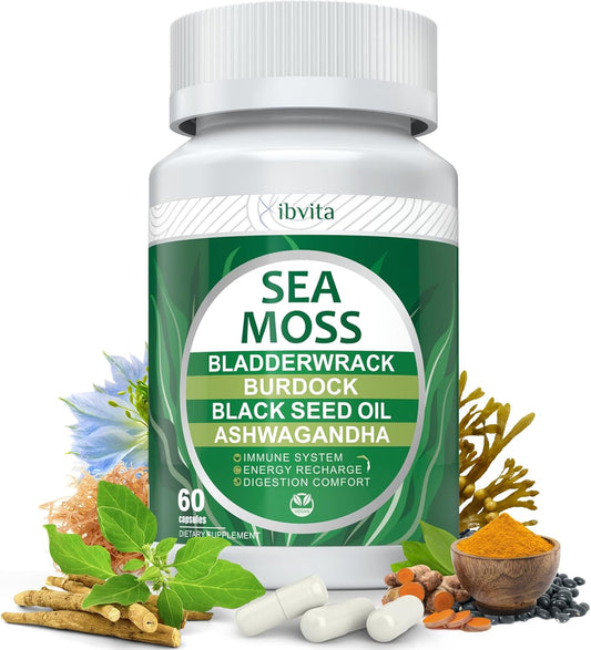 Immune & Digestive Support Capsules with Sea Moss, Black Seed Oil, Ashwagandha, Burdock Root, Ginger, Multiminerals - 60 Capsules for Energy Boost