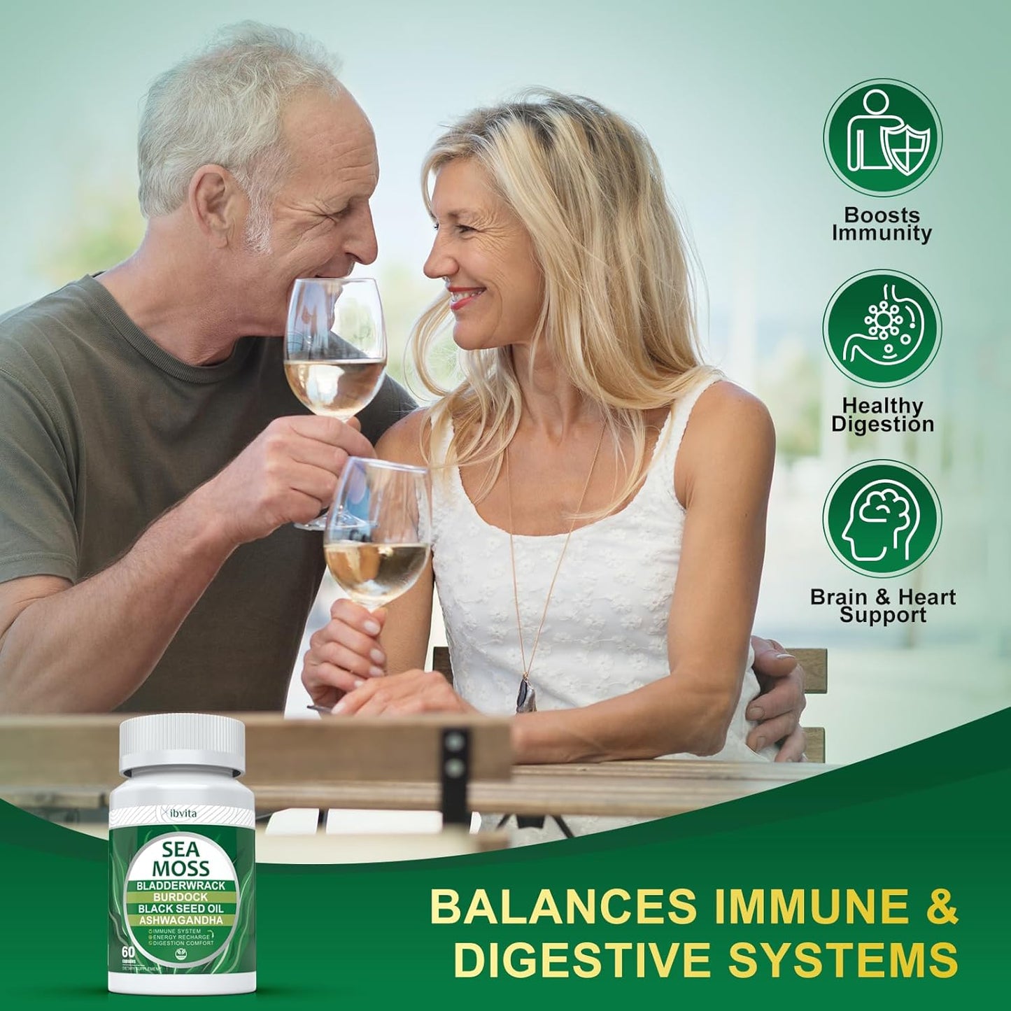 Immune & Digestive Support Capsules with Sea Moss, Black Seed Oil, Ashwagandha, Burdock Root, Ginger, Multiminerals - 60 Capsules for Energy Boost