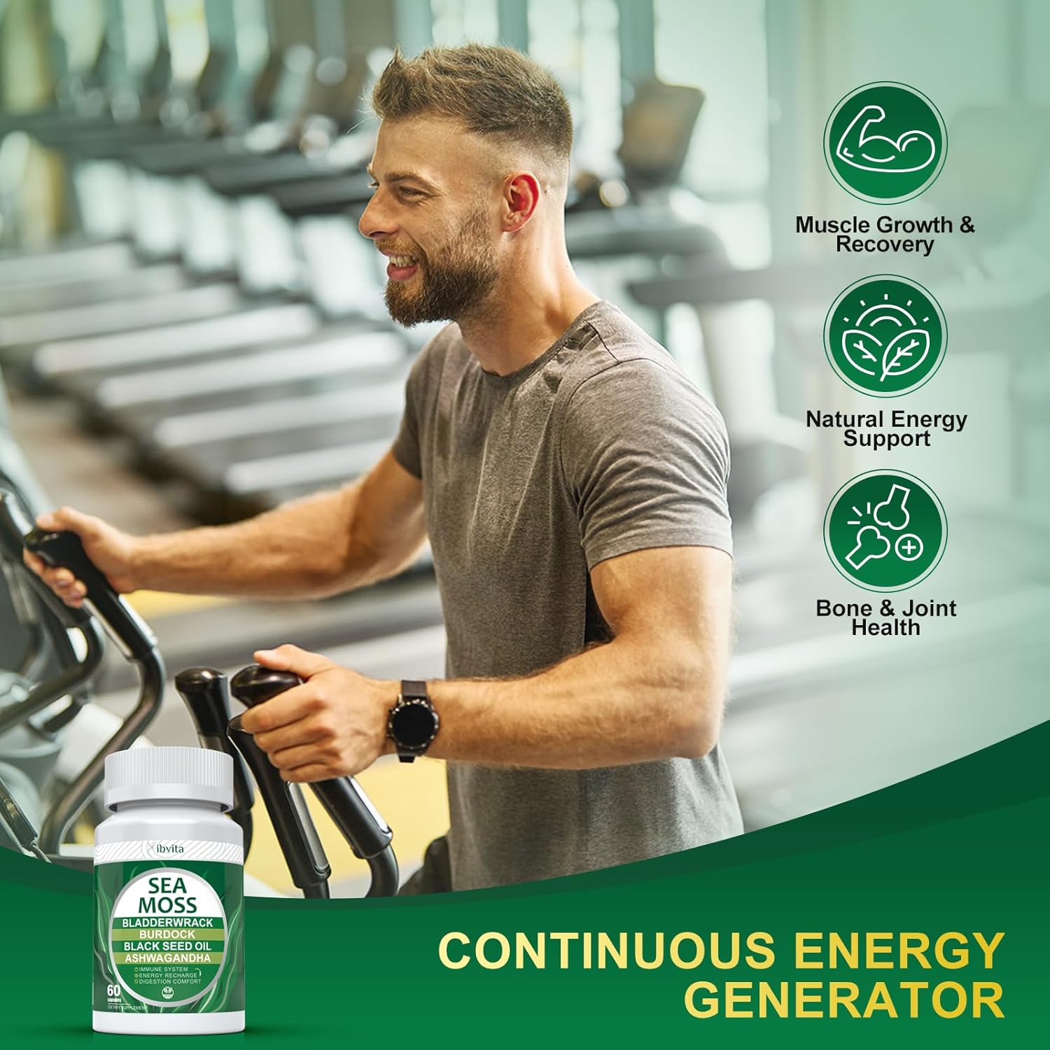 Immune & Digestive Support Capsules with Sea Moss, Black Seed Oil, Ashwagandha, Burdock Root, Ginger, Multiminerals - 60 Capsules for Energy Boost