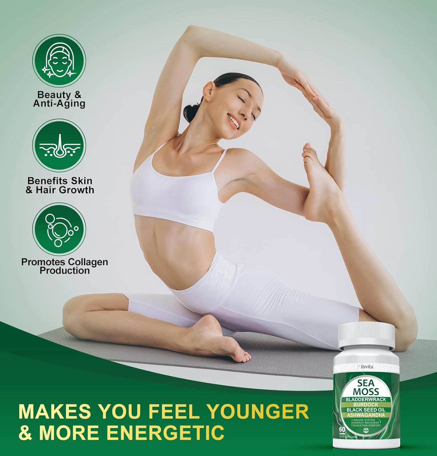 Immune & Digestive Support Capsules with Sea Moss, Black Seed Oil, Ashwagandha, Burdock Root, Ginger, Multiminerals - 60 Capsules for Energy Boost