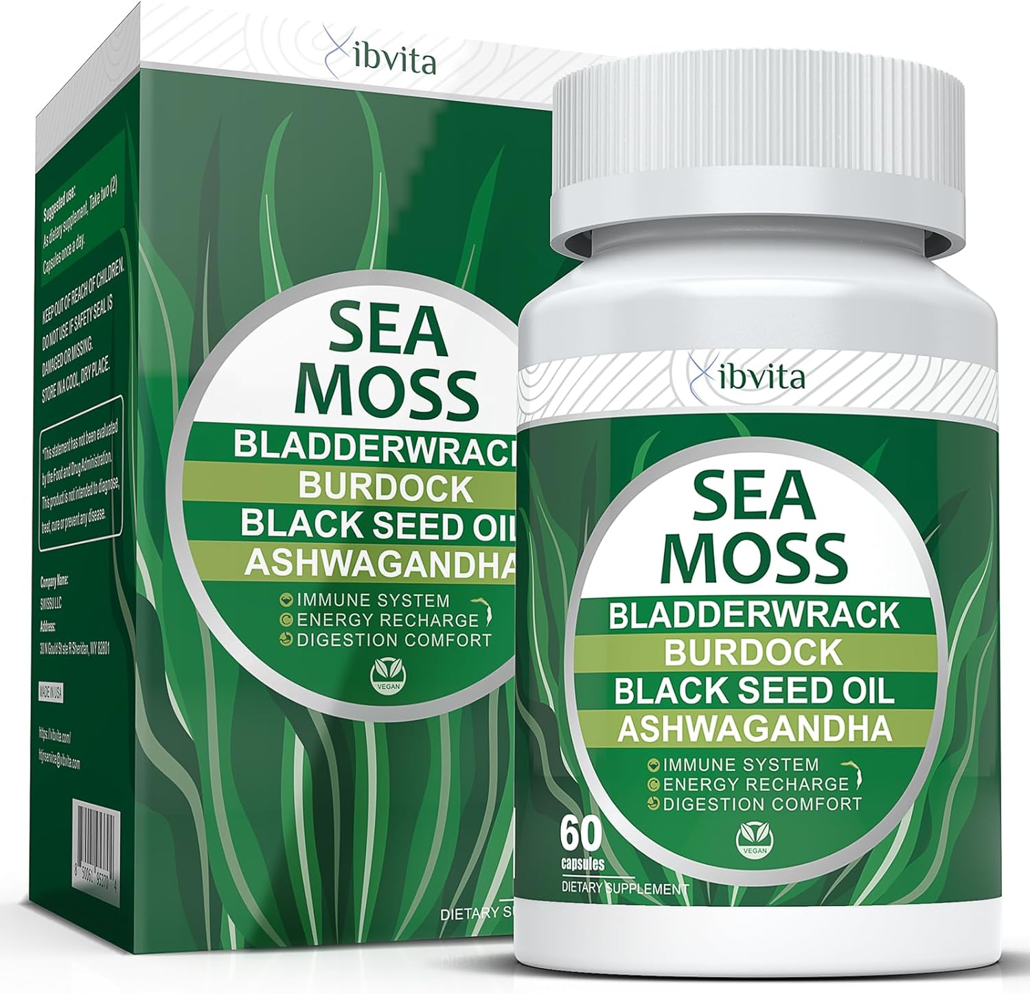 Immune & Digestive Support Capsules with Sea Moss, Black Seed Oil, Ashwagandha, Burdock Root, Ginger, Multiminerals - 60 Capsules for Energy Boost