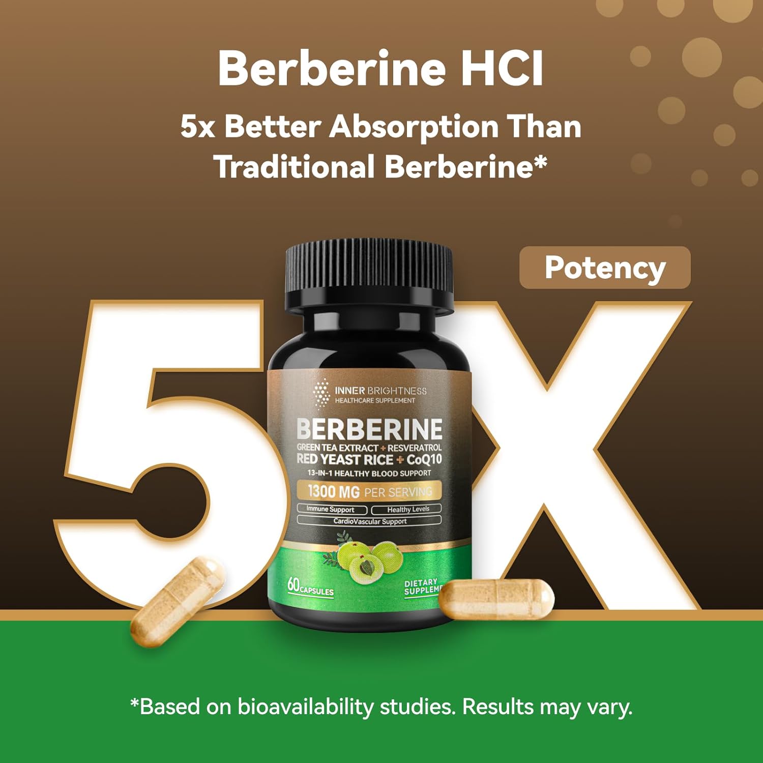 Immune Health & Metabolic Support Supplement 1300mg - Berberine with Green Tea, Resveratrol, Red Yeast Rice & CoQ10 - 60 Capsules x 2 Pack - Non-GMO, Lab Tested