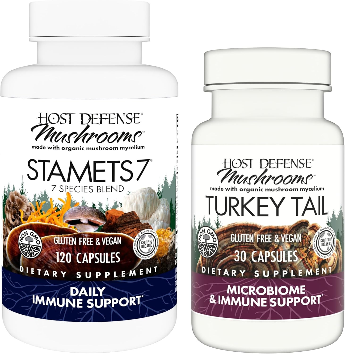 Immune Health Support Bundle: Stamets 7 & Turkey Tail Capsules - 120 Count & 30 Count - Boost Digestive & Immune Function