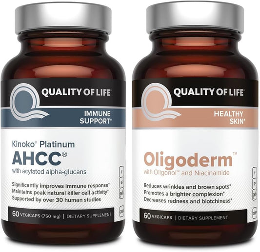 Immune Support and Skin Health Bundle with Kinoko Platinum AHCC Mushroom Extract and Oligoderm Oligoderm with Oligonol Lychee Extract for Enhanced Quality of Life