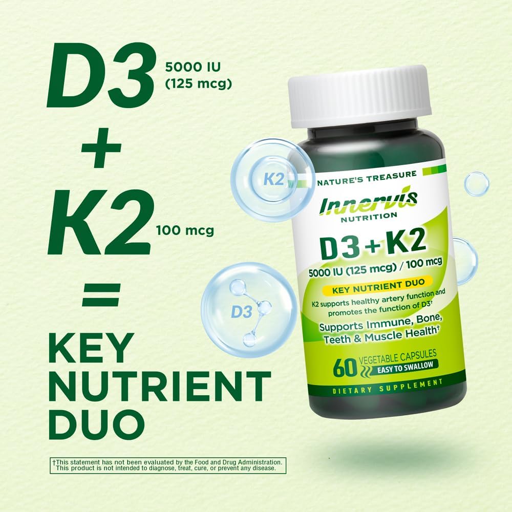 Immune Support & Bone Health Supplement with Vitamin D3 5000 IU and K2 100 mcg - 60 Vegetable Capsules