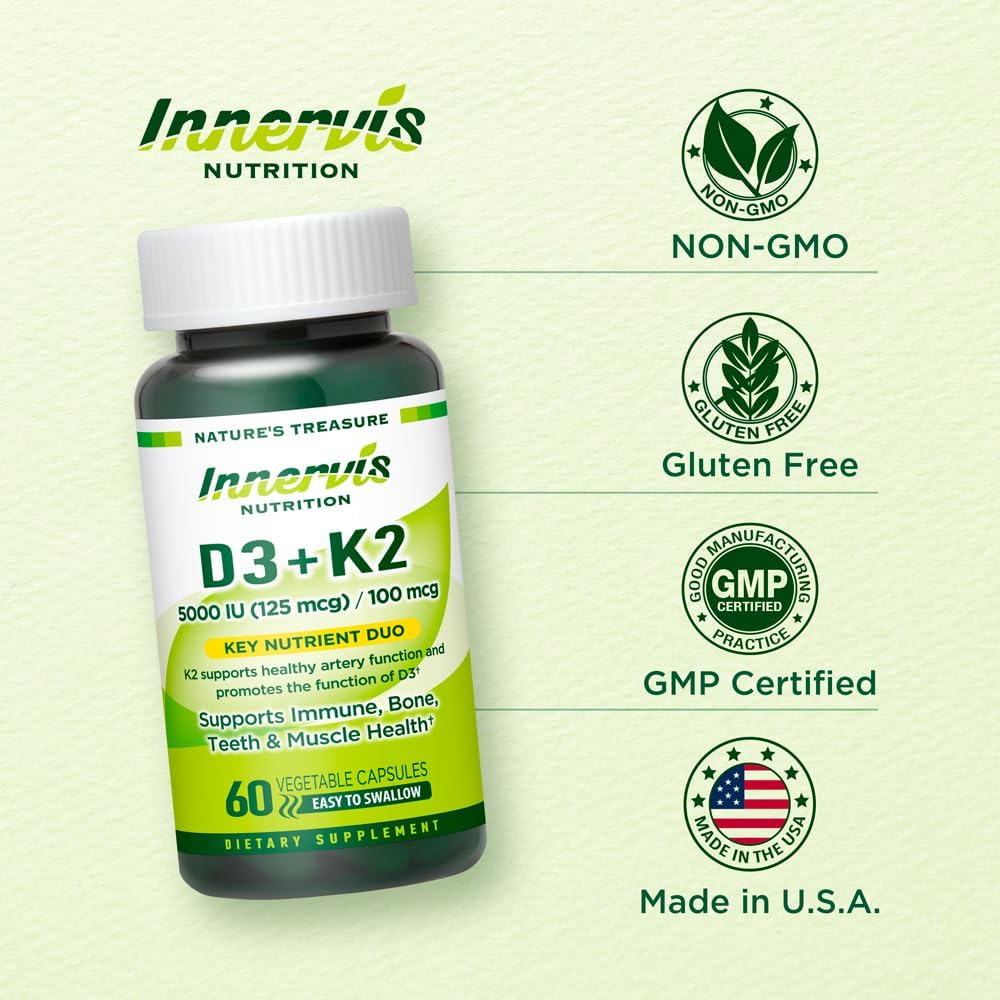 Immune Support & Bone Health Supplement with Vitamin D3 5000 IU and K2 100 mcg - 60 Vegetable Capsules