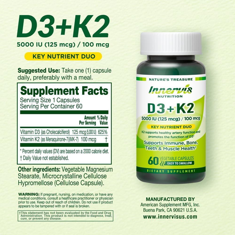 Immune Support & Bone Health Supplement with Vitamin D3 5000 IU and K2 100 mcg - 60 Vegetable Capsules
