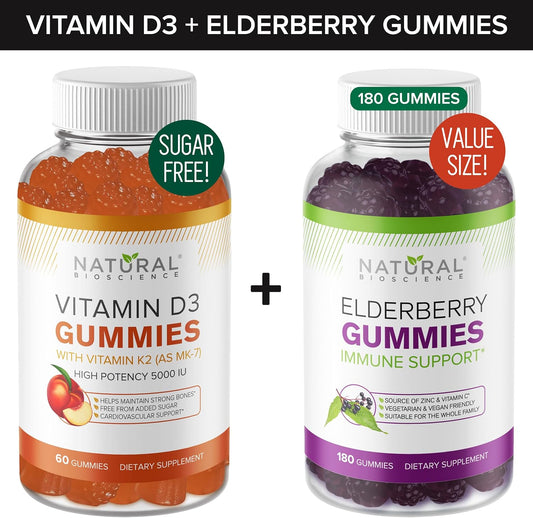 Immune Support Bundle: Sugar-Free Vitamin D & Elderberry Gummies - 240 Gummies, Gelatin-Free & Vegetarian
