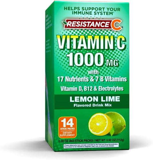 Immune Support C Stick Packs with 16 Nutrients, 7 B-Vitamins, Antioxidants, Electrolytes - Green Lemon-Lime Flavor - 14 Count