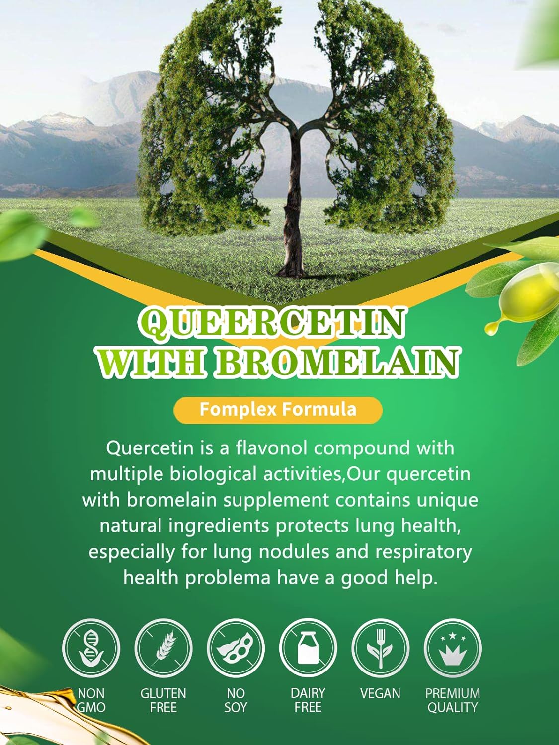 Immune Support Capsules with Quercetin, Vitamin C, Bromelain, and Pteris Multifida Extract to Boost Lung and Respiratory Health - 60 Capsules