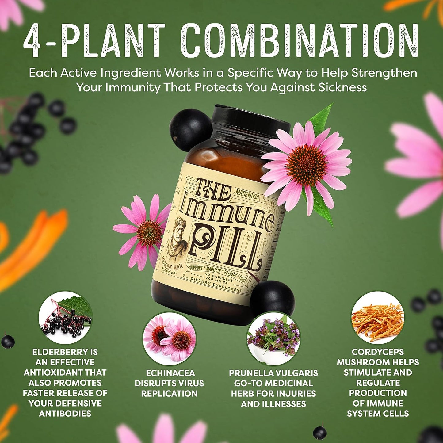 Immune Support Capsules with Vitamin C, Elderberry, Prunella Vulgaris, Echinacea, and Cordyceps - 90 Count - Boosters for Adults & Kids by Medicine Man Plant Co